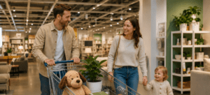 Eine junge Familie – ein Mann, eine Frau und ein Kind – schiebt einen voll beladenen Einkaufswagen durch ein Möbelhaus. Das Bild soll "Die 7 IKEA-Prinzipien für Familienunternehmen, die mit ihrer Website mehr Kunden gewinnen möchten" optisch darstellen.