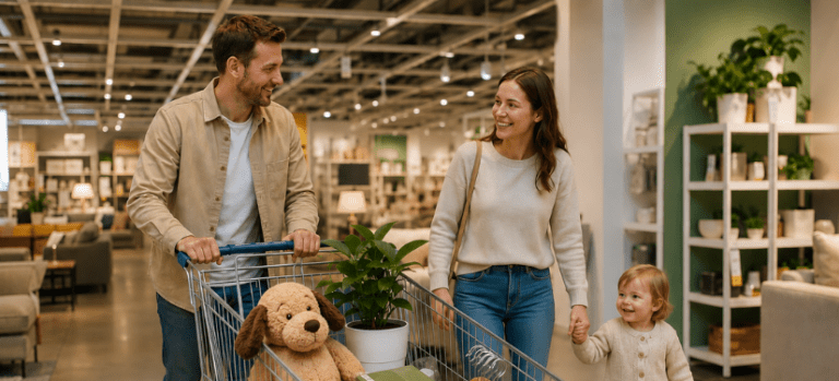 Eine junge Familie – ein Mann, eine Frau und ein Kind – schiebt einen voll beladenen Einkaufswagen durch ein Möbelhaus. Das Bild soll "Die 7 IKEA-Prinzipien für Familienunternehmen, die mit ihrer Website mehr Kunden gewinnen möchten" optisch darstellen.