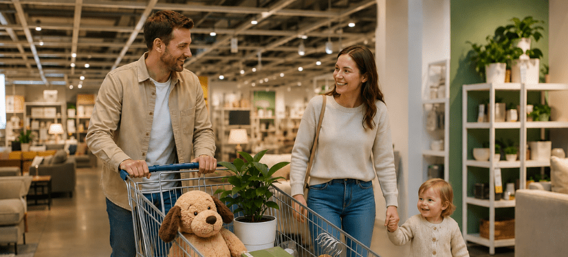 Eine junge Familie – ein Mann, eine Frau und ein Kind – schiebt einen voll beladenen Einkaufswagen durch ein Möbelhaus. Das Bild soll "Die 7 IKEA-Prinzipien für Familienunternehmen, die mit ihrer Website mehr Kunden gewinnen möchten" optisch darstellen.