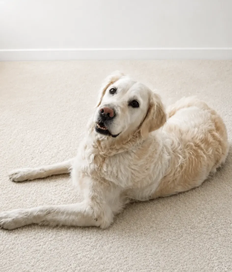 Studioaufnahme von der aufmerksamen Agenturhündin Suki, ein heller Golden Retriever, liegt auf einem beigen Teppich vor einer schlichten weißen Wand. Sie blickt freundlich in die Kamera und ist ein geschätztes Mitglied der isi-Netzwerkagentur.