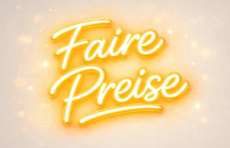 Neon-Schriftzug "Faire Preise" auf hellem Hintergrund.