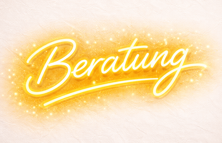 Beige Schriftzug "Beratung" in leuchtendem Gelb mit glitzerndem Hintergrund.