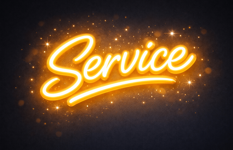 isi-Netzwerkagentur Leuchtende Schriftzug „Service“ in auffälliger orangefarbener Neonoptik.