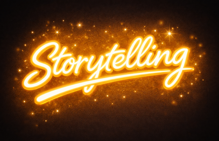 Leuchtender Schriftzug "Storytelling" auf dunklem Hintergrund.
