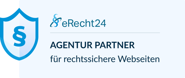 AGENTUR PARTNER für rechtssichere Webseiten Logo von eRecht24 mit dem Text "AGENTUR PARTNER für rechtssichere Webseiten".