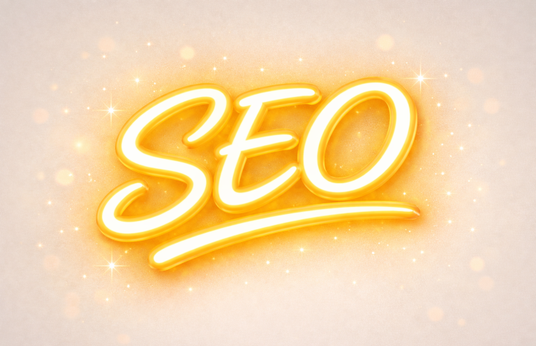 Leuchtender Schriftzug "SEO" in gelber Farbe auf hellem Hintergrund.