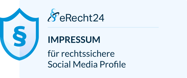Logo von eRecht24 mit dem Text "Impressum für rechts­sichere Social Media Profile".