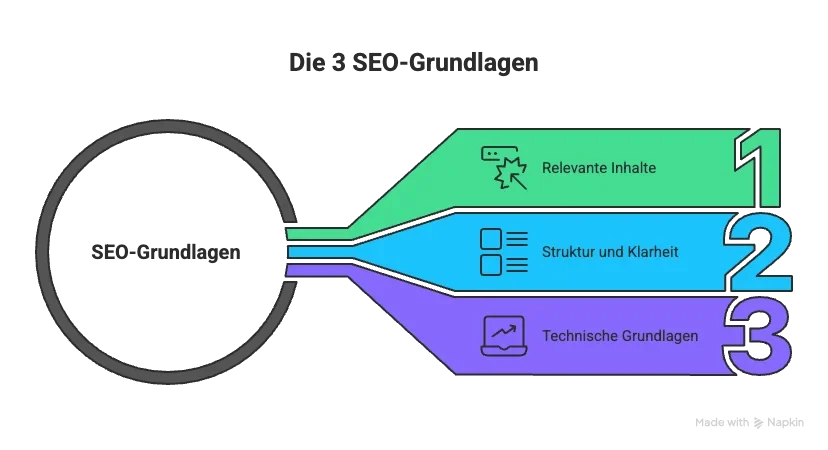 Eine Infografik mit dem Titel "Die 3 SEO-Grundlagen": 1. Relevante Inhalte, 2. Struktur und Klarheit, 3. Technische Grundlagen 