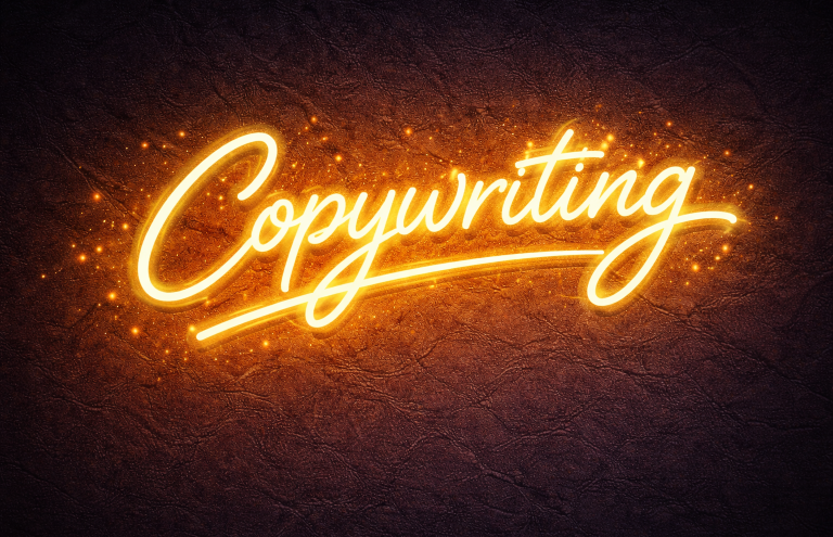 Leuchtender Schriftzug "Copywriting" in orange auf dunklem Hintergrund.