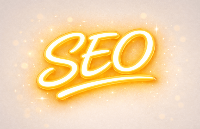 isi-Netzwerkagentur Leuchtender Schriftzug "SEO" in gelber Farbe auf hellem Hintergrund.