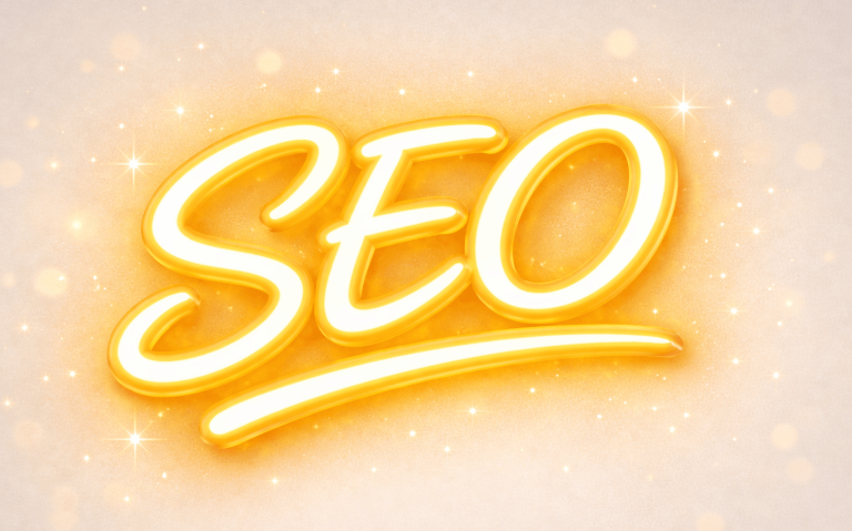 isi-Netzwerkagentur Leuchtender Schriftzug "SEO" in gelber Farbe auf hellem Hintergrund.