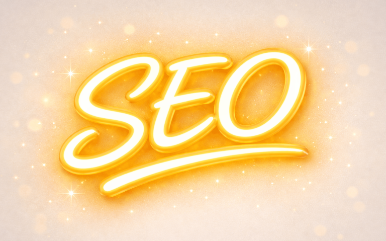 Leuchtender Schriftzug "SEO" mit einem dynamischen Schwung.