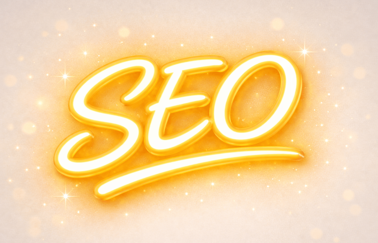 Leuchtender Text „SEO“ in orange mit einem geschwungenen Unterstrich.
