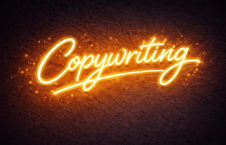 isi-Netzwerkagentur Leuchtender Schriftzug "Copywriting" in orange auf dunklem Hintergrund.