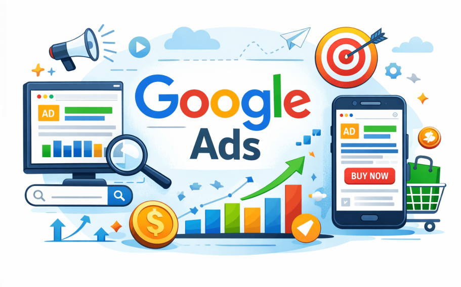 Grafik mit Google Ads, Graphen, Geräten und Elementen für Online-Werbung.