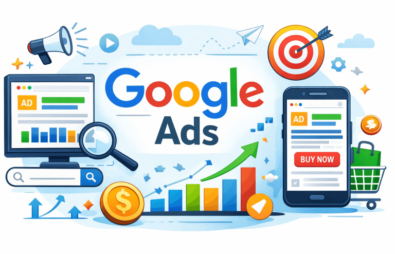 Google Ads Logo mit Statistikgrafiken, Computer und Smartphone, Einkaufssymbolen.