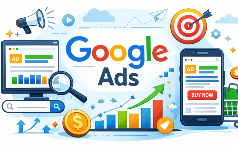 isi-Netzwerkagentur Grafik mit Google Ads, Graphen, Geräten und Elementen für Online-Werbung.