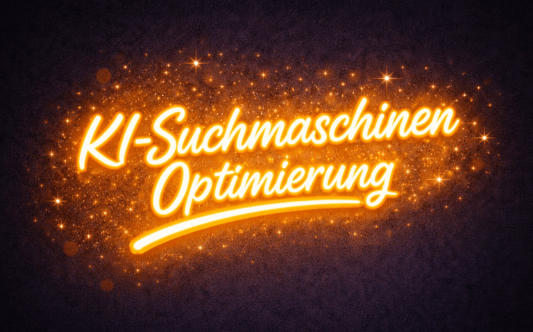 isi-Netzwerkagentur Leuchtender Text: "KI-Suchmaschinenoptimierung" auf dunklem Hintergrund.