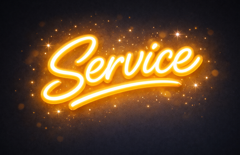 Leuchtende Schriftzug „Service“ in auffälliger orangefarbener Neonoptik.